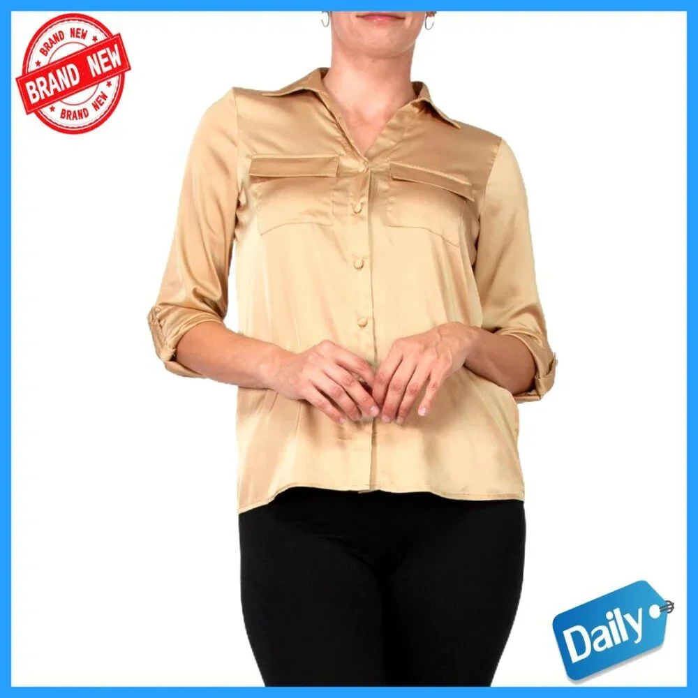 Girls Satin Blouse 3/4 Sleeve Relaxed Fit Button Front